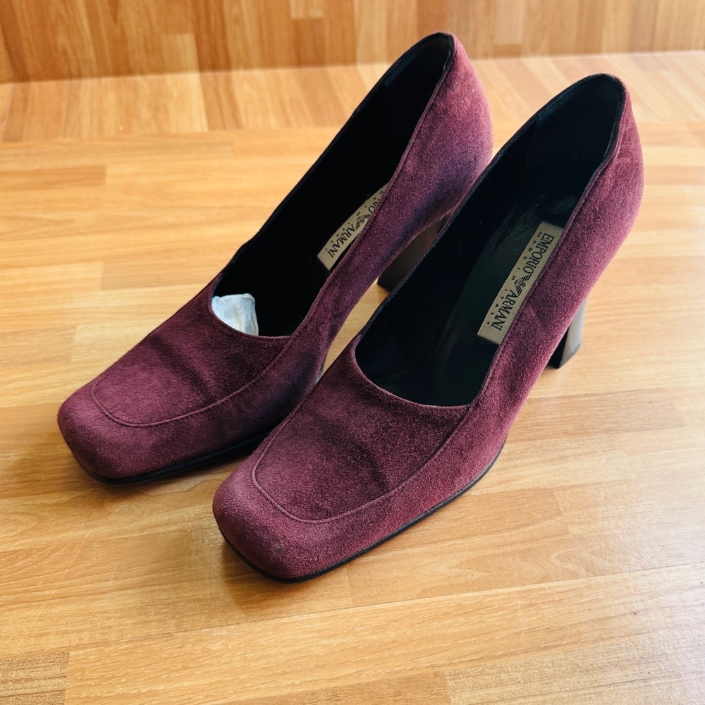 Emporio Armani burgundy suede square toe heels slip on size 36